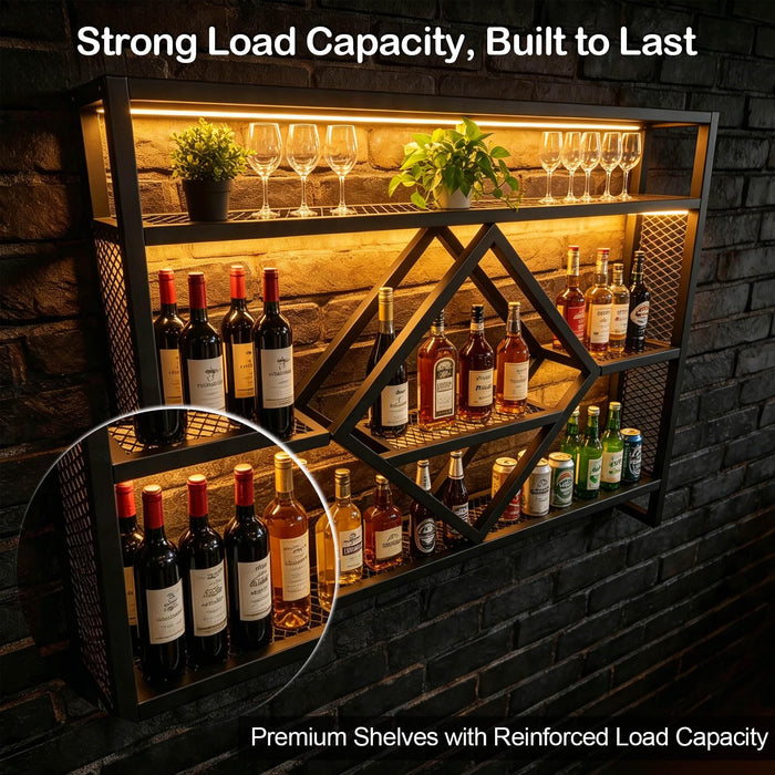 Wall Mounted Wine Rack with LED Light, 39.4in Industrial Metal Wine Bottle Display Shelf with Wine Glass Holder,Large 3 Tier Floating Bar Shelves, Wall Bar Decor for Home Bar Kitchen Dining Room