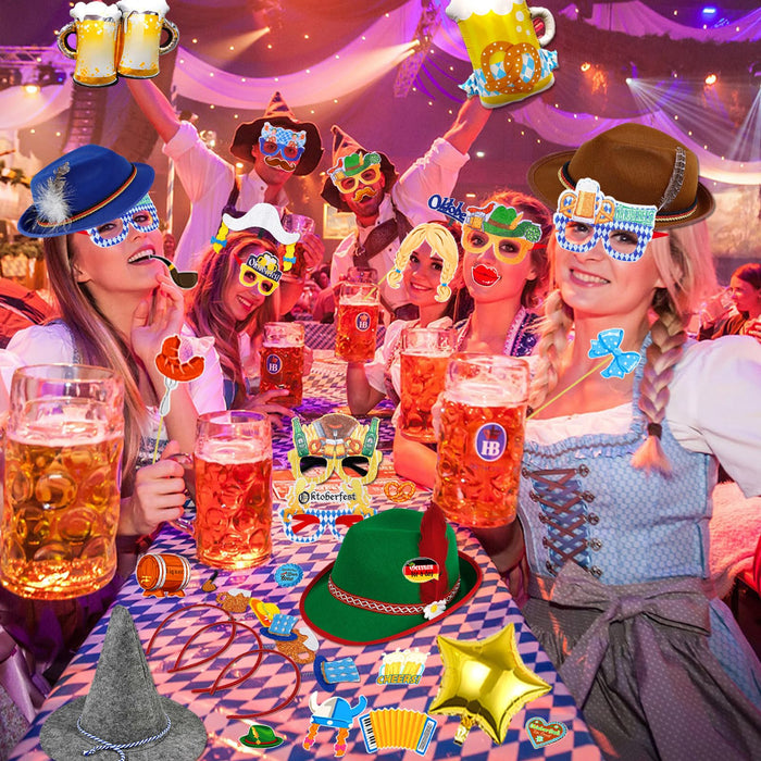 52 Pcs Oktoberfest Decorations Oktoberfest Photo Booth Props Set for Adults Unisex Felt German Bavarian Hats Glasses Hair Bands for Photo Booth Birthday Party