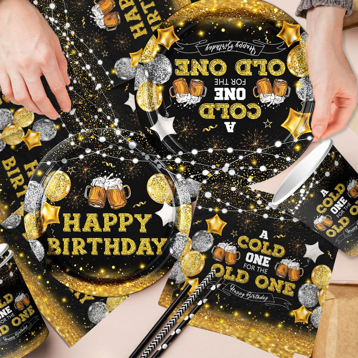 142Pcs Beer Birthday Decorations for Men A Cold One for The Old One Birthday Decorations with Plates Napkins Cups Tablecloth and Banner Black and Gold Party Decorations for 20th 30th 40th 50th