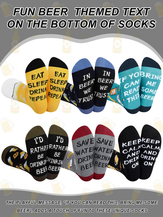Cutecrop 6 Pairs Novelty Alcohol Socks for Men Whiskey Cocktail Coffee Oktoberfest Beer Crew Socks Xmas Gift for Drink Lovers(Beer)