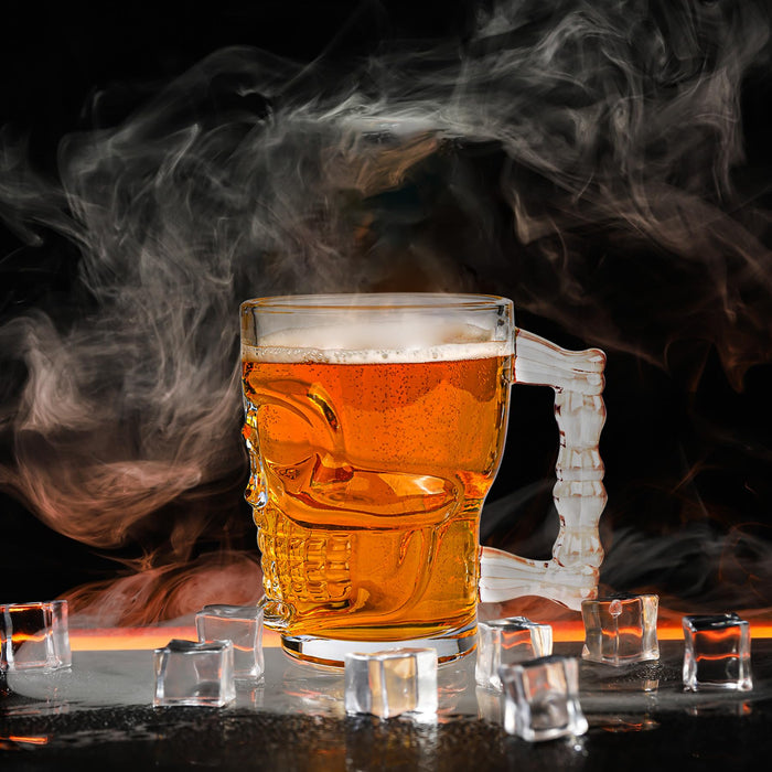 Beer Mugs Set of 4 - Skull Glasses with Handle - 17 OZ Heavy Base Drinking Tiki Glasses - Clear Beer Stein Cup for Whiskey, Wine, Juice, Home Bar, Halloween Decorations Gifts