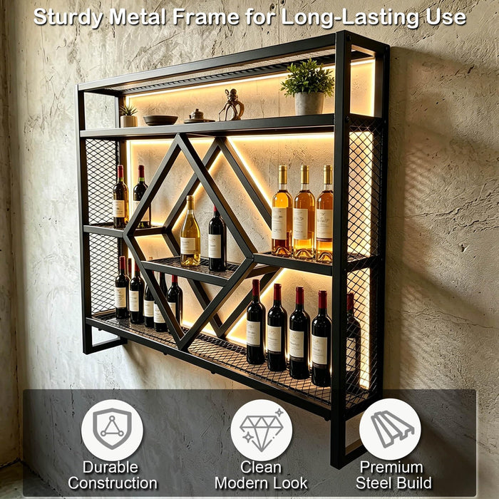 Wall Mounted Wine Rack with LED Light, 39.4in Industrial Metal Wine Bottle Display Shelf with Wine Glass Holder,Large 3 Tier Floating Bar Shelves, Wall Bar Decor for Home Bar Kitchen Dining Room