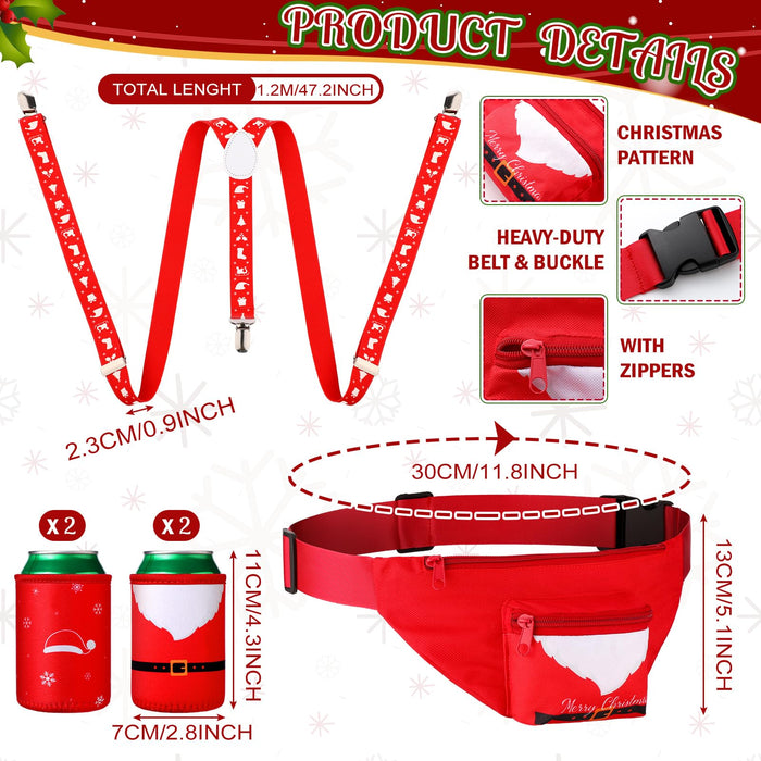 Suhine 9 Pcs Santa Costume Accessory Christmas Set with Fanny Pack, Drink Holder Suspender, Glasses, Xmas Hat, Deluxe Long White Beard Wig for Men Women Cosplay Dress up Props