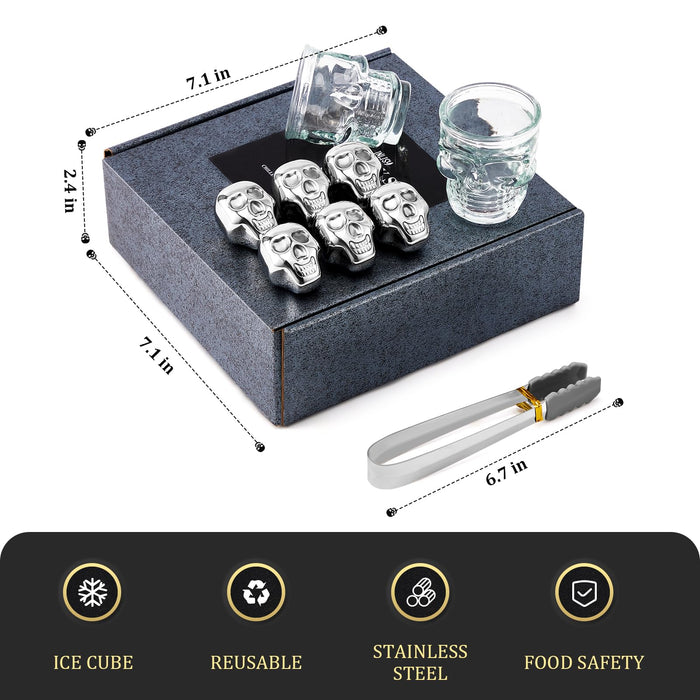 Inlisy Whiskey Stones Skull Edition Spooky Halloween Bar Gift, Set of 6 Metal Ice Cubes, 2 Skull Measuring Short Glasses and 1 Tip Tong, Reusable Stainless Steel Ice Cube