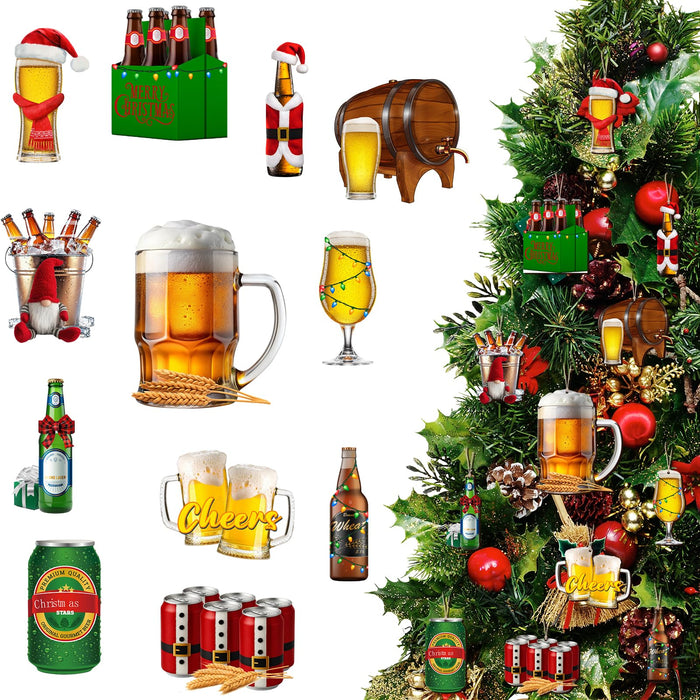 36 Pcs Beer Ornaments for Christmas Tree, Funny Wine Bottle Ornaments Set, Wooden Hanging Crafts for Xmas Party Holiday Tree Decorations