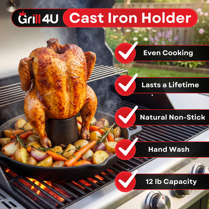 Cast Iron Vertical Chicken Roaster with Drip Pan - Beer Can Holder for Crispy Juicy Poultry on Grill, Oven, Stovetop & Campfire | Pre-Seasoned Non-Stick BBQ Cooking Stand for Chicken Turkey & Veggies