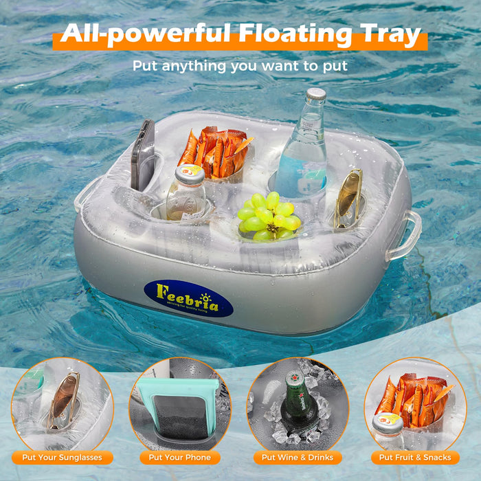 FEEBRIA Inflatable Floating Drink Holder for Pool Party Beach hot tub (Silver)