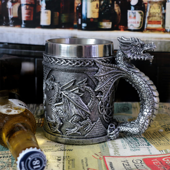 alikiki Medieval GOT Dragon Mug - Dragons Coffee Mug Gifts for Men - 15.8 OZ Stainless Drinking Cup Beer Steins Dragon Themed Party Decoration