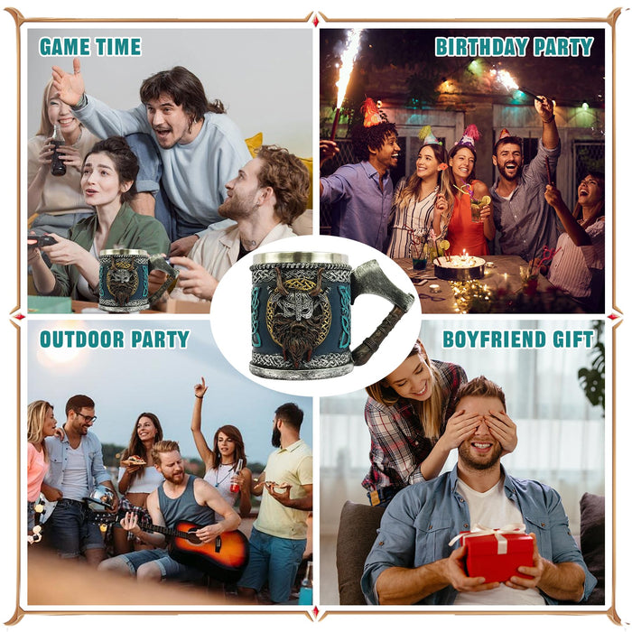 Viking Beer Mug 15oz Stainless Steel Double Wall Heavy Mug, Hand-Carved Oak with Norse Runes, Axe Handle Tankard Gifts for Men Medieval Drinking Cup, Cool Beer Stein for Home Bar Viking Decor