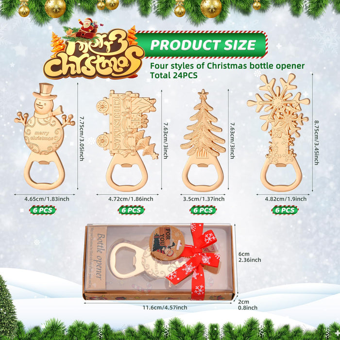 24Pcs 4 in 1 Christmas Beer Bottle Opener Set, Xmas Tree Snowman Snowflask Train Bottle Openers with Gift Box, for Winter Theme Party Decoration Gift Festive, Souvenirs Favors for Guests