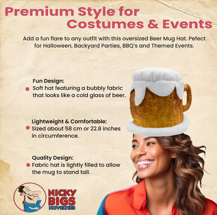 Nicky Bigs Novelties Beer Mug Hat Funny Foam Beer Stein Costume Headwear for Adults Soft Plush Oktoberfest St. Patrick’s Day Halloween Bar Crawl Party Prop Accessory Lightweight & Comfortable Fit
