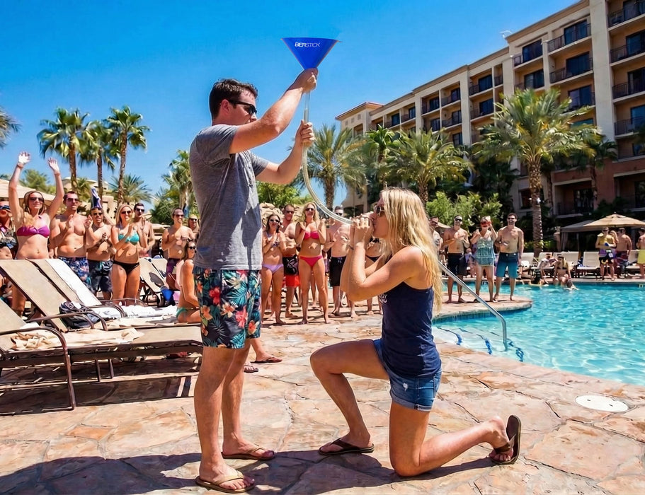 Beer Bong Tube and Funnel - with Valve, Optional Single or Double Header Y-Attachment, 5 Interchangeable Mouthpieces, Shotgun Keychain Tool - Kink-Free Hose for Bierstick Beerbong (Blue)