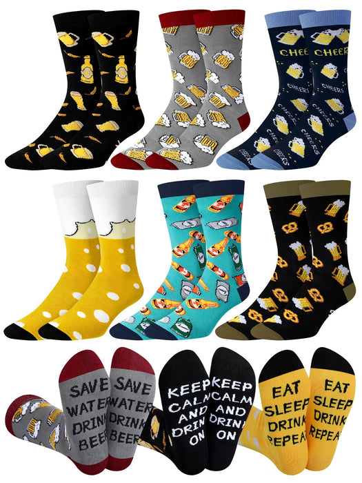 Cutecrop 6 Pairs Novelty Alcohol Socks for Men Whiskey Cocktail Coffee Oktoberfest Beer Crew Socks Xmas Gift for Drink Lovers(Beer)
