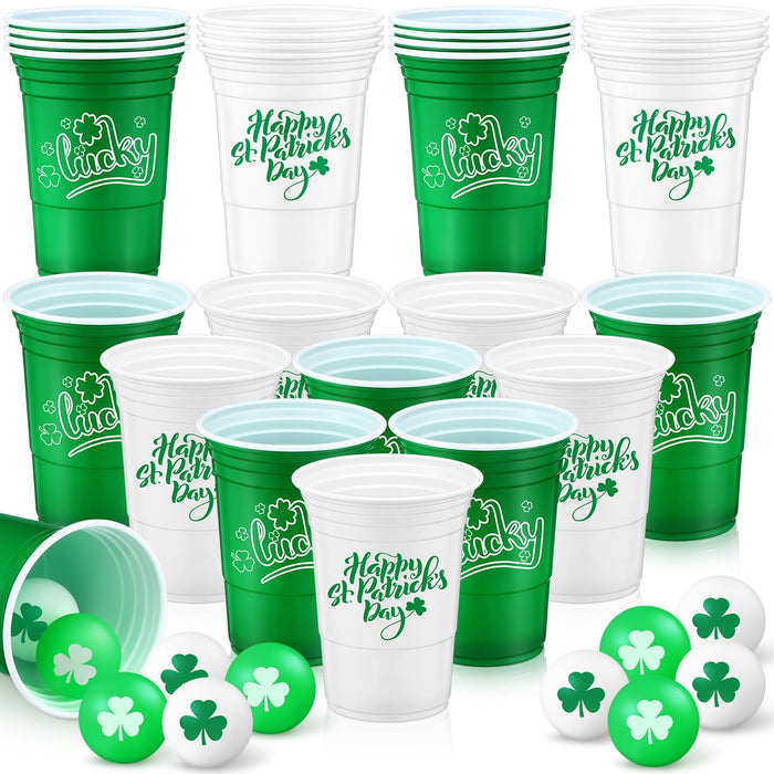 Pickmesh 30 Pack St. Patrick's Day Party Game Set, 22 Pack 16 oz St Patricks Day Plastic Beer Cups and 8 Pack 1.5in Green Shamrocks Balls Beer Game Set for Irish Festival Party Games Favors