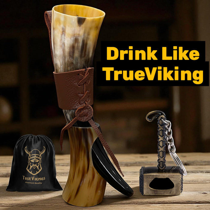 Drinking Horn — 10-12 Inch Viking Gifts for Men & Women | With Thor Bottle Opener & Stand | Handmade & Real Ox Horns | Norse Viking Cup Perfect For Beer, Ale, Mead (12 Oz) (Shine Polished Pack of 2)