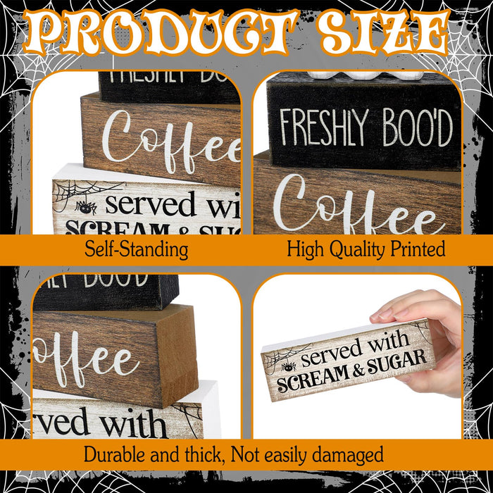 Lineshading 4 Pcs Halloween Table Decor Coffee Ghost Wooden Sign Halloween Tiered Tray Decor Farmhouse Ghost Tabletop Centerpiece Decorative Coffee Bar Block Signs for Home Office Kitchen Shelf