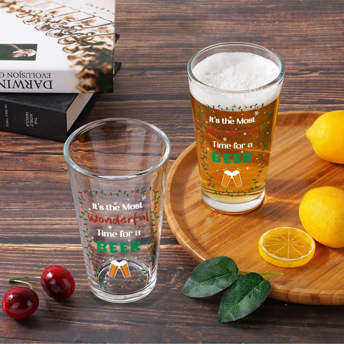 Futtumy It's the Most Wonderful Time for a Beer Glass, 17 OZ Beer Pint Glass, Funny Gifts for Men Beers Lovers Dad Father, Christmas Gifts for Men Women, Christmas Beers Glass for Xmas Party Birthday