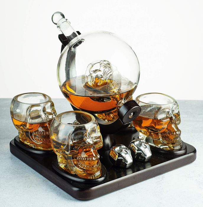 Skull Skeleton Wine & Whiskey Globe Decanter Set 850mL | Gothic Barware Gift Set with 4 Skull Head Shot Glasses 3oz & Skull Chillers on Wooden Base | Spooky Halloween Skeleton Drinkware
