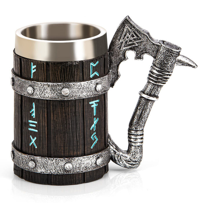 Viking Beer Mug 20oz Stainless Steel Double Wall Heavy Mug, Hand-Carved Oak with Norse Runes, Axe Handle Tankard Gifts for Men Medieval Drinking Cup, Cool Beer Stein for Home Bar Viking Decor