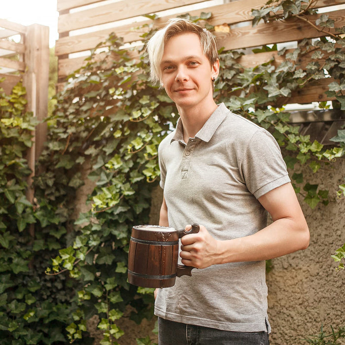 Handmade Wooden Rustic Beer Mug Real Oak Eco-friendly Wood Stainless Steel Cup 20 oz(600ml) Etno Motif Wood Viking Stein - Beer Tankard Irish Retro Halloween - Cowboys Beer Mug