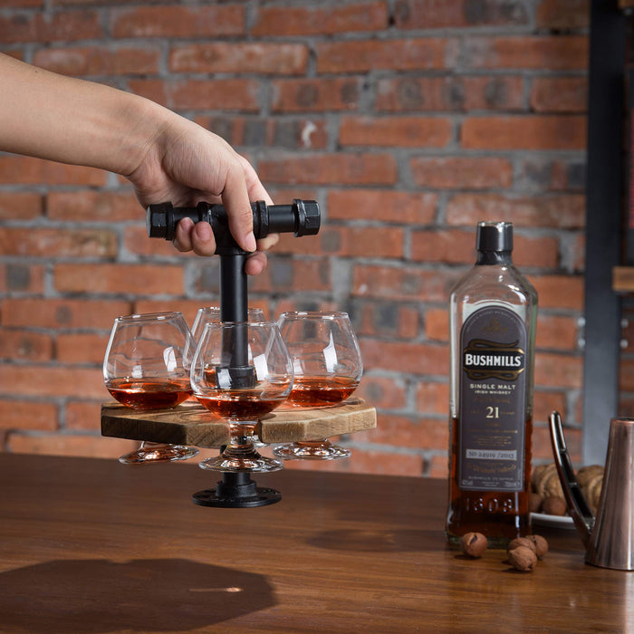 【Industrial Rustic Beer & Whiskey Flight Set】 Burnt Wood Tray with Matte Black Metal Handle & 4 Snifter Glasses - Portable Tasting Serving Caddy for Home Bars, Tasting Events, Craft Beer Enthusiasts