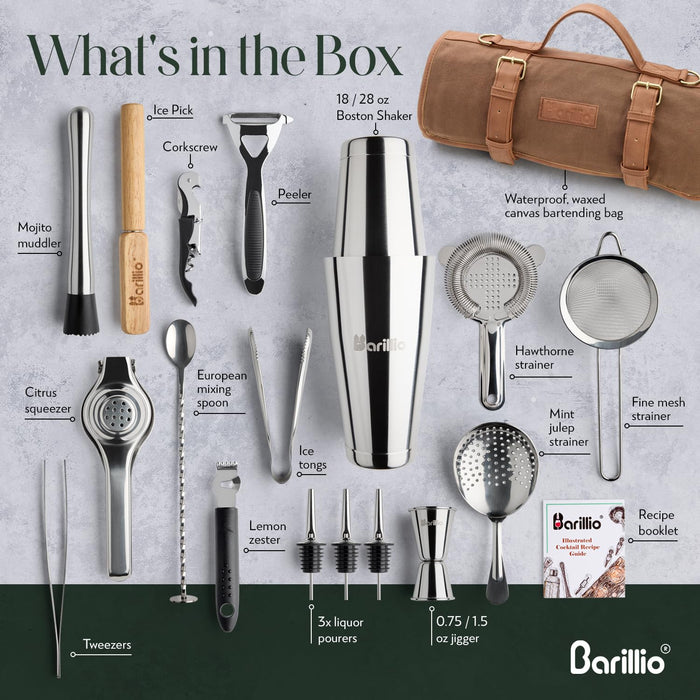 Barillio Bartender Kit Bag with Cocktail Shaker Set - Waxed Canvas, Traveling Bar Tools Bag with 17-Pc Cocktail Kit - Travel Mixology Bartending Kits - Mobile Bar Roll with Strap & Accessories