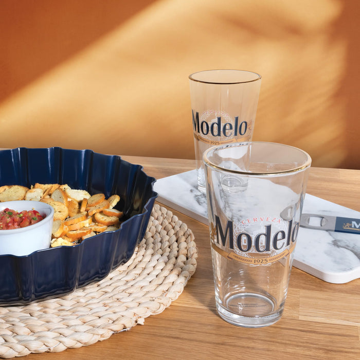 Marketplace Brands Modelo Beer Serving Set with Bottle Cap Shaped Tray and Pint Glasses