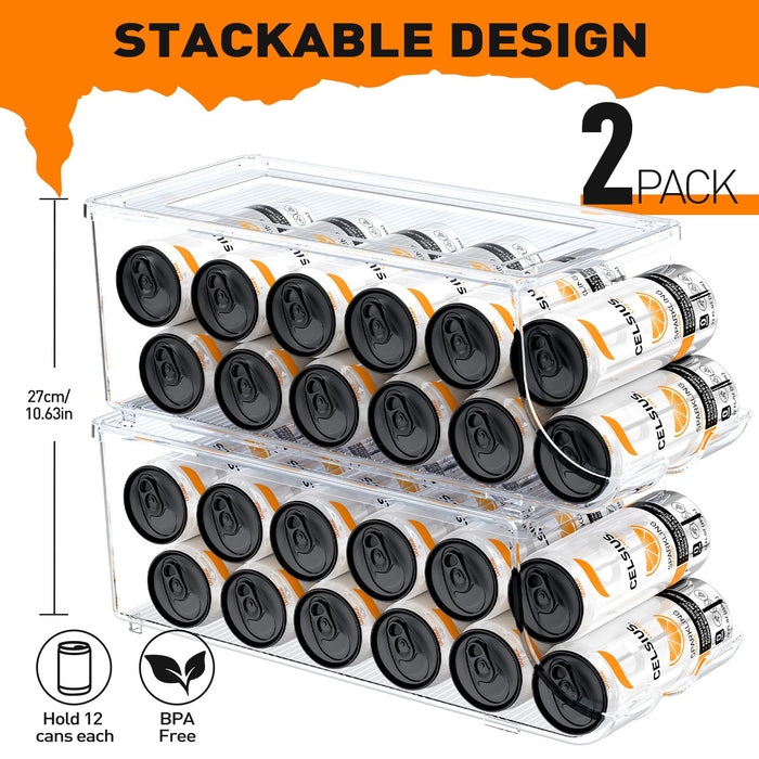 SCAVATA 2 Pack Skinny Can Organizer for Refrigerator, Stackable Tall Skinny Soda Pop Can Holder Dispenser with Lid for Fridge Pantry Rack Freezer, Clear Plastic Storage Bins-Holds 12 Slim Cans Each