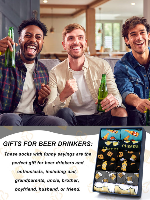 Cutecrop 6 Pairs Novelty Alcohol Socks for Men Whiskey Cocktail Coffee Oktoberfest Beer Crew Socks Xmas Gift for Drink Lovers(Beer)