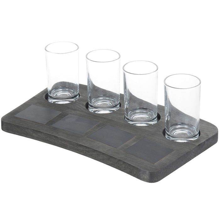 MyGift 5 Piece Set Vintage Grey Wood Beer Flight Tasting Glasses (6 oz) and Server Board Tray with Chalkboard Labels