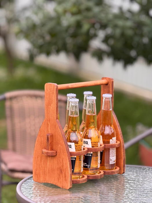 ROSTMARYGIFT Wooden 6-Bottle Beer Caddy - Collapsible Drink Holder - Beer Lover Gifts for Men, Him, Dad - Six Pack Wood Beer Carrier Basket Tote Organizer - Valentine's Day Gift