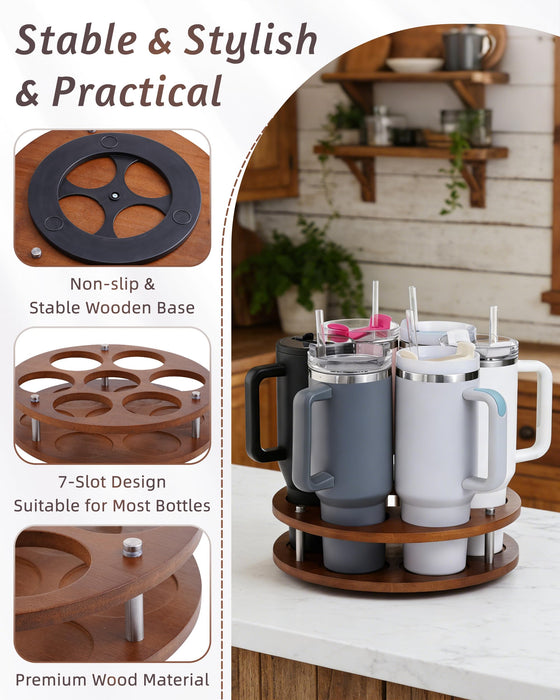 FAITIO Rotating Wood Tumbler Organizer, 30 oz 40 oz Spinning Turnable Tumblers Holder, 360° Rotatable 7 Large Cups Bottle Tumbler Storage Display Stand, Rotate Syrup Organizer for Cabinet Countertop