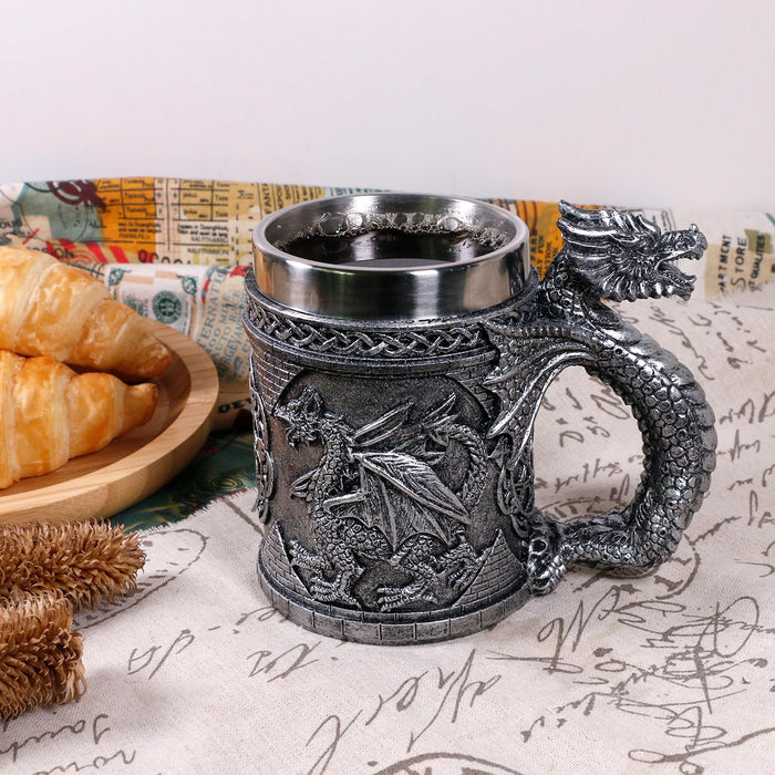 alikiki Medieval GOT Dragon Mug - Dragons Coffee Mug Gifts for Men - 15.8 OZ Stainless Drinking Cup Beer Steins Dragon Themed Party Decoration