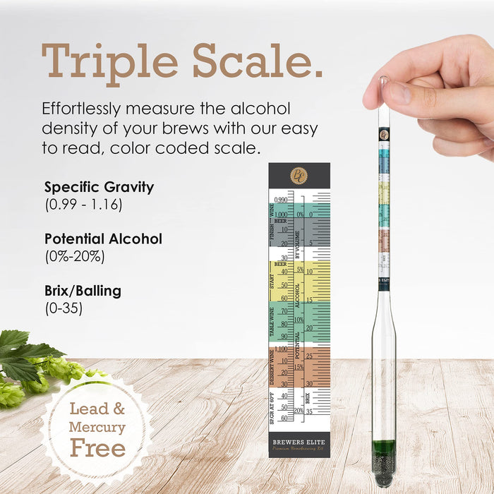 Brewer's Elite Hydrometer for Home Brew Beer, Wine, Mead and Kombucha - Deluxe Triple Scale Set with Hardcase and Cloth - Specific Gravity ABV Tester