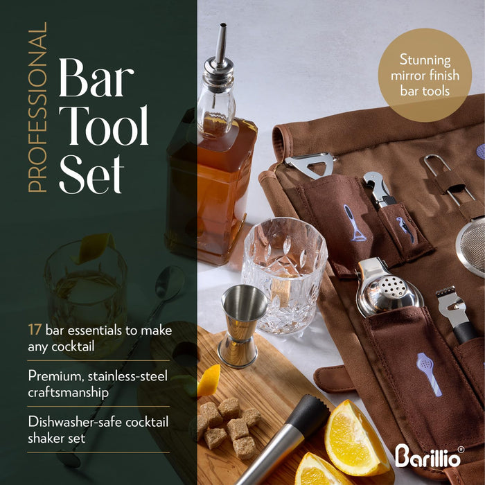 Barillio Bartender Kit Bag with Cocktail Shaker Set - Waxed Canvas, Traveling Bar Tools Bag with 17-Pc Cocktail Kit - Travel Mixology Bartending Kits - Mobile Bar Roll with Strap & Accessories