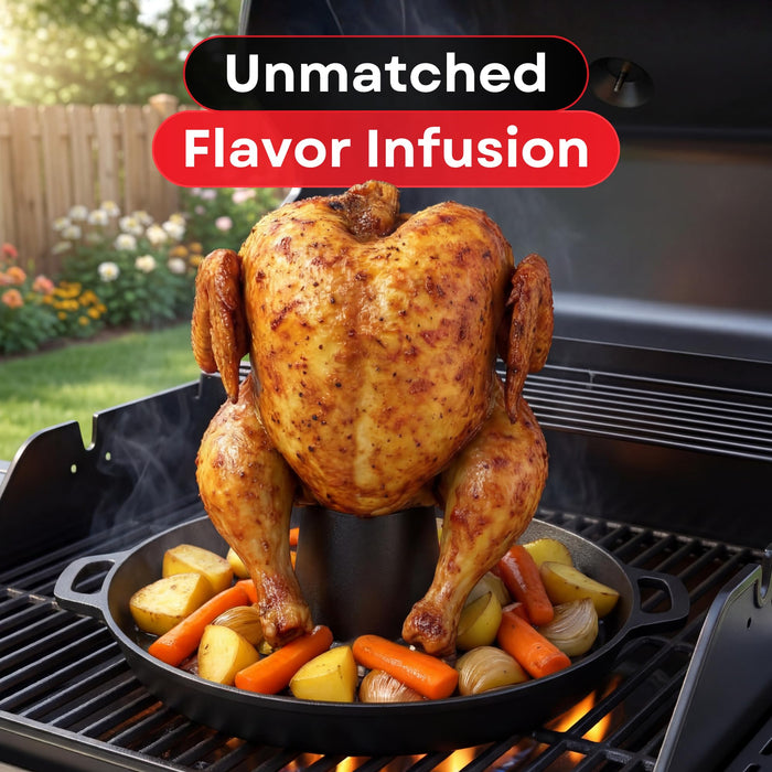 Cast Iron Vertical Chicken Roaster with Drip Pan - Beer Can Holder for Crispy Juicy Poultry on Grill, Oven, Stovetop & Campfire | Pre-Seasoned Non-Stick BBQ Cooking Stand for Chicken Turkey & Veggies
