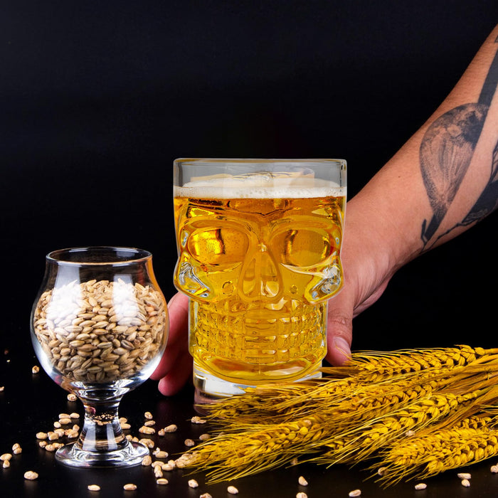 Beer Mugs Set of 4 - Skull Glasses with Handle - 17 OZ Heavy Base Drinking Tiki Glasses - Clear Beer Stein Cup for Whiskey, Wine, Juice, Home Bar, Halloween Decorations Gifts