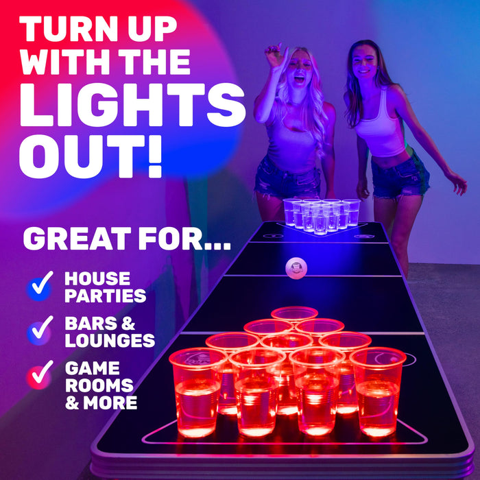 GoPong 8 ft Foldable Beer Pong Table with LED Lights - Regulation Size Portable Pong Table with 6 Balls