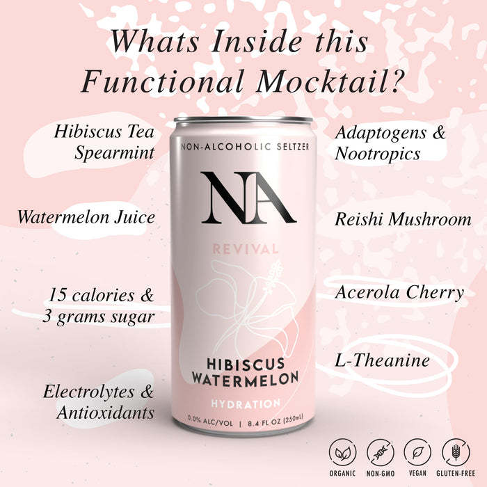 NA Functional Non-Alcoholic Drinks with Mushrooms & L-Theanine | Sea Salt for Hydration | Low Sugar, Low Calorie Adaptogen Social Tonic, Hibiscus Tea and Watermelon Mocktail, 8.4oz Cans (12 Pack)