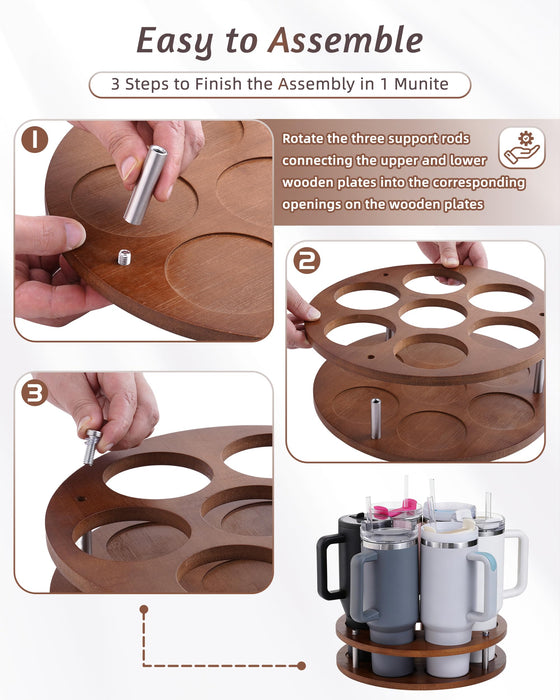 FAITIO Rotating Wood Tumbler Organizer, 30 oz 40 oz Spinning Turnable Tumblers Holder, 360° Rotatable 7 Large Cups Bottle Tumbler Storage Display Stand, Rotate Syrup Organizer for Cabinet Countertop