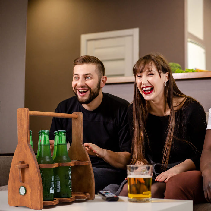 ROSTMARYGIFT Wooden 6-Bottle Beer Caddy - Collapsible Drink Holder - Beer Lover Gifts for Men, Him, Dad - Six Pack Wood Beer Carrier Basket Tote Organizer - Valentine's Day Gift