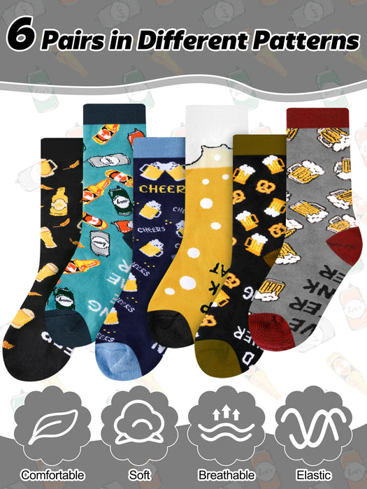 Cutecrop 6 Pairs Novelty Alcohol Socks for Men Whiskey Cocktail Coffee Oktoberfest Beer Crew Socks Xmas Gift for Drink Lovers(Beer)