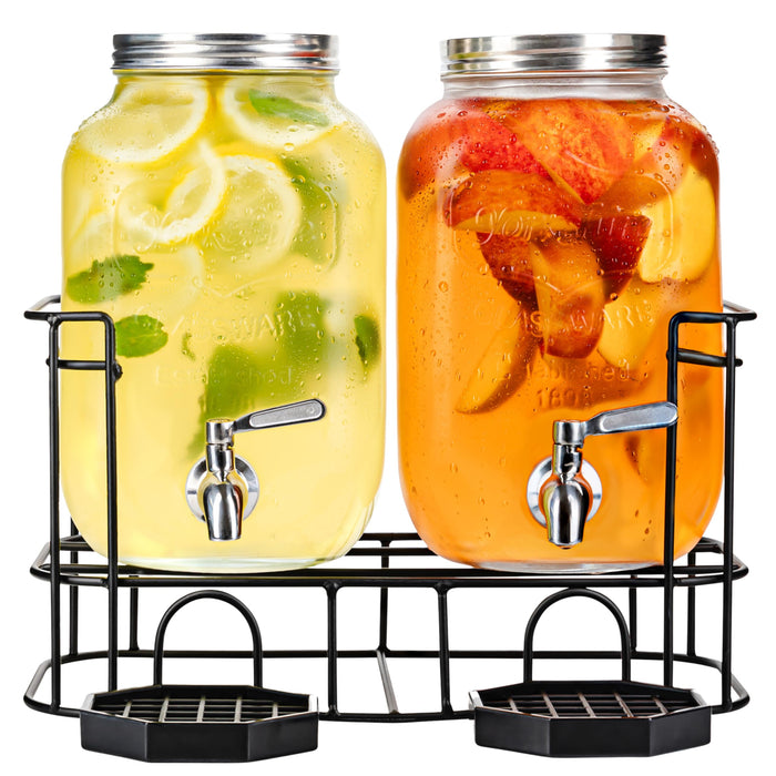 Kitchentoolz Dual Gallon Glass Beverage Dispensers with Fruit Infuser & Ice Insert – Stainless Steel Spigots, Metal Stand, and Drip Trays for Cold Drinks & Flavored Water