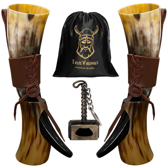 Drinking Horn — 10-12 Inch Viking Gifts for Men & Women | With Thor Bottle Opener & Stand | Handmade & Real Ox Horns | Norse Viking Cup Perfect For Beer, Ale, Mead (12 Oz) (Shine Polished Pack of 2)