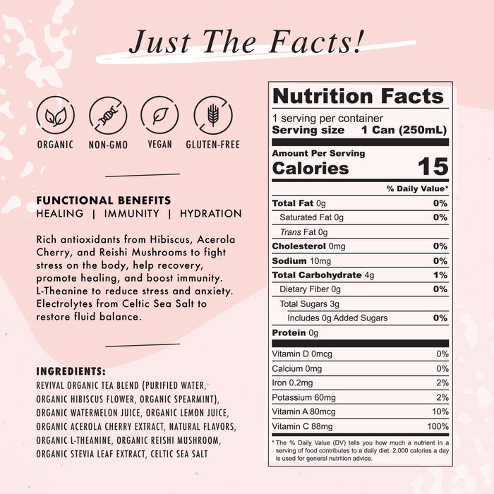 NA Functional Non-Alcoholic Drinks with Mushrooms & L-Theanine | Sea Salt for Hydration | Low Sugar, Low Calorie Adaptogen Social Tonic, Hibiscus Tea and Watermelon Mocktail, 8.4oz Cans (12 Pack)