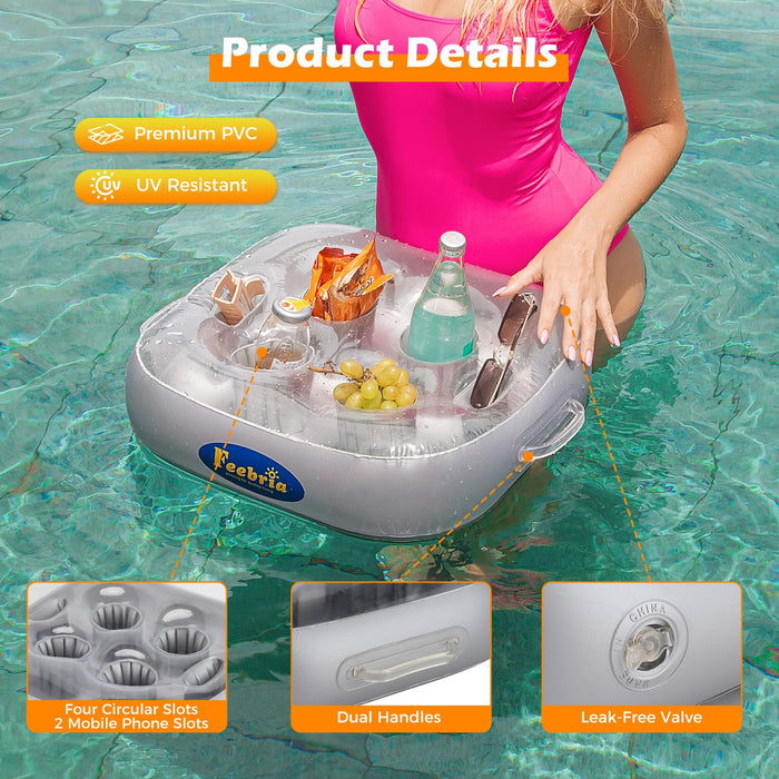 FEEBRIA Inflatable Floating Drink Holder for Pool Party Beach hot tub (Silver)
