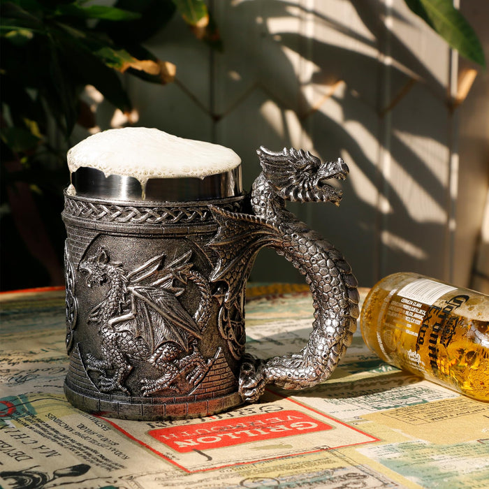 alikiki Medieval GOT Dragon Mug - Dragons Coffee Mug Gifts for Men - 15.8 OZ Stainless Drinking Cup Beer Steins Dragon Themed Party Decoration
