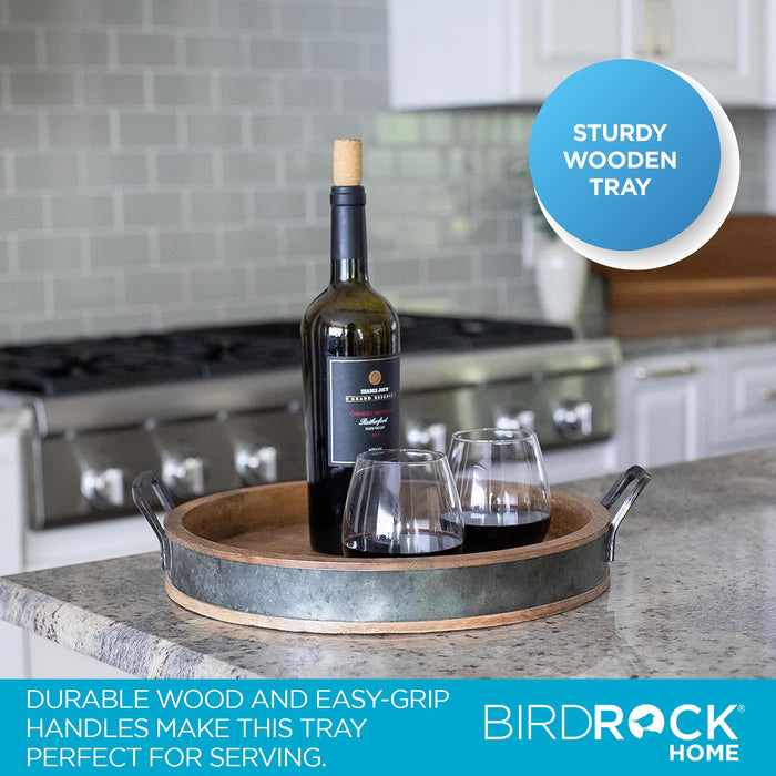 BIRDROCK HOME Round Wood Serving Tray with Handles and Iron Accents, 16”