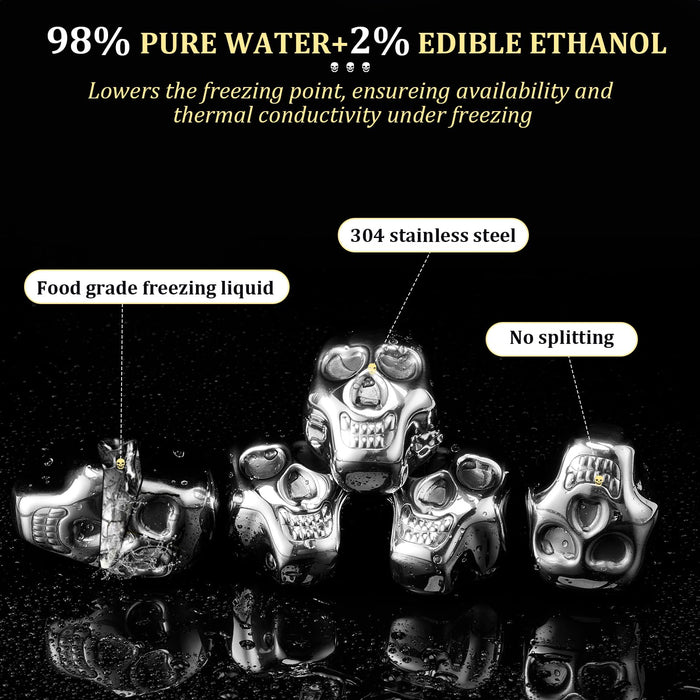 Inlisy Whiskey Stones Skull Edition Spooky Halloween Bar Gift, Set of 6 Metal Ice Cubes, 2 Skull Measuring Short Glasses and 1 Tip Tong, Reusable Stainless Steel Ice Cube