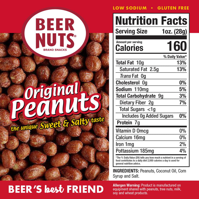 BEER NUTS Original Peanuts - Sweet & Salty Bar Nuts - Gluten Free, Kosher, Low Sodium, On The Go Packaged Peanut Snacks Made In The USA - 1.75oz Single Serve Bottle Bags (Pack of 12)